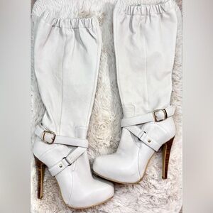 Frederick’s of Hollywood - Women's White High-Heel Knee Boots with Buckle Strap